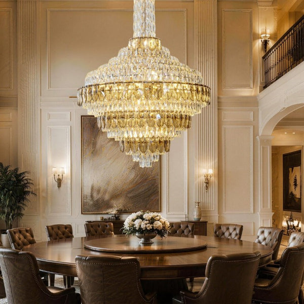English Elm Large Gold Empire Chandelier K9 Crystal Prisms 39 Inch Foyer Fixture with Shell Accents W2869S00048