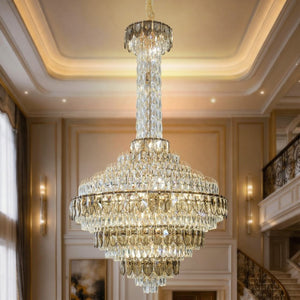 English Elm Large Gold Empire Chandelier K9 Crystal Prisms 39 Inch Foyer Fixture with Shell Accents W2869S00048