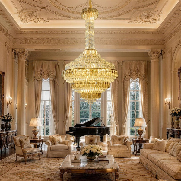 English Elm Large Gold Empire Chandelier K9 Crystal Prisms 39 Inch Foyer Fixture with Shell Accents W2869S00048