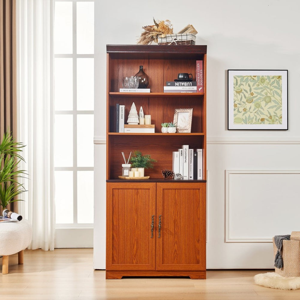 English Elm 70.86(180Cm Tall Barn Door Bookcase Five Tier MDF Cube Shelving for Living Room Dark Oak W2899P440964