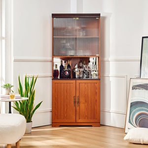 English Elm 70.86(180Cm Tall Corner Display Cabinet 5 Tier Mirrored Back Tempered Glass Modern Dark Oak W2899P440966