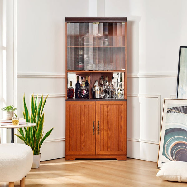 English Elm 70.86(180Cm Tall Corner Display Cabinet 5 Tier Mirrored Back Tempered Glass Modern Dark Oak W2899P440966