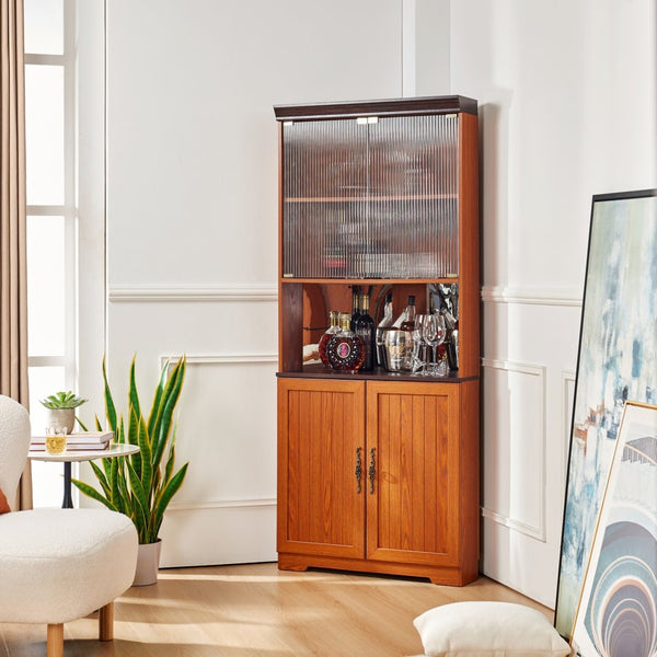 English Elm 70.86(180Cm Tall Corner Display Cabinet 5 Tier Mirrored Back Tempered Glass Modern Dark Oak W2899P440966