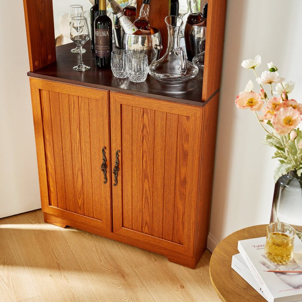 English Elm 70.86(180Cm Tall Corner Display Cabinet 5 Tier Mirrored Back Tempered Glass Modern Dark Oak W2899P440966