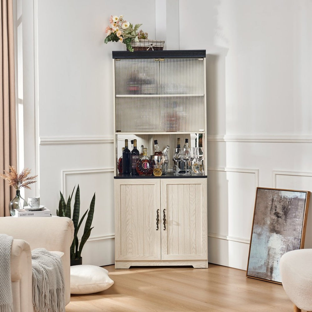 English Elm 70.86(180Cm Tall Corner Display Cabinet 5 Tier Mirrored Back Tempered Glass Modern White W2899P440967