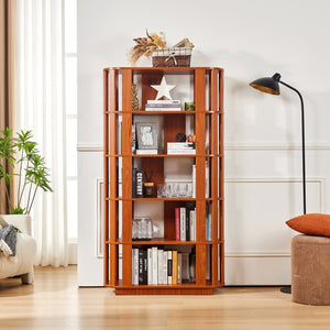 English Elm Wooden Oval Grid Bookcase 5-tier Freestanding Sculptural Shelving Unit for Home Office Dark Oak W2899P479674