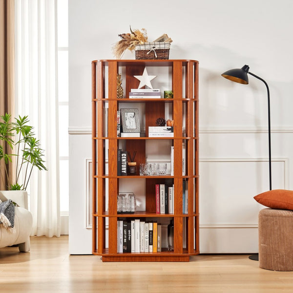 English Elm Wooden Oval Grid Bookcase 5-tier Freestanding Sculptural Shelving Unit for Home Office Dark Oak W2899P479674