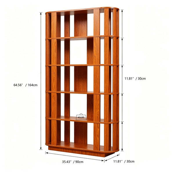 English Elm Wooden Oval Grid Bookcase 5-tier Freestanding Sculptural Shelving Unit for Home Office Dark Oak W2899P479674