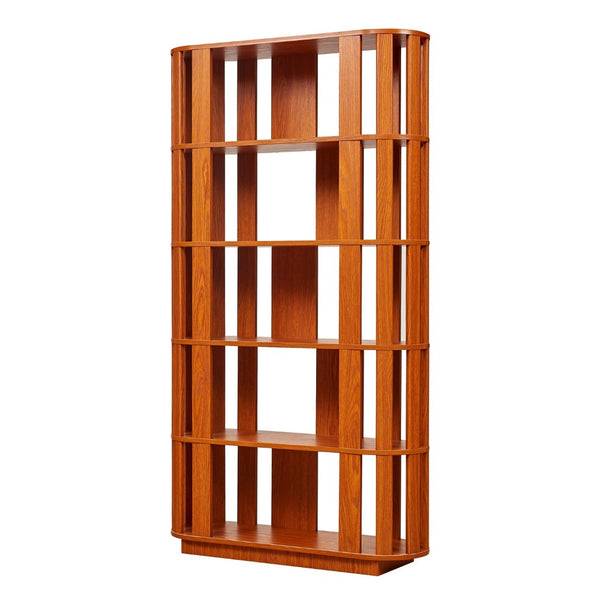 English Elm Wooden Oval Grid Bookcase 5-tier Freestanding Sculptural Shelving Unit for Home Office Dark Oak W2899P479674