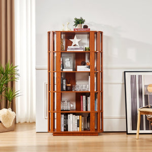 English Elm Wooden Oval Grid Bookcase 5-tier Freestanding Sculptural Shelving Unit for Home Office Dark Oak W2899P479674