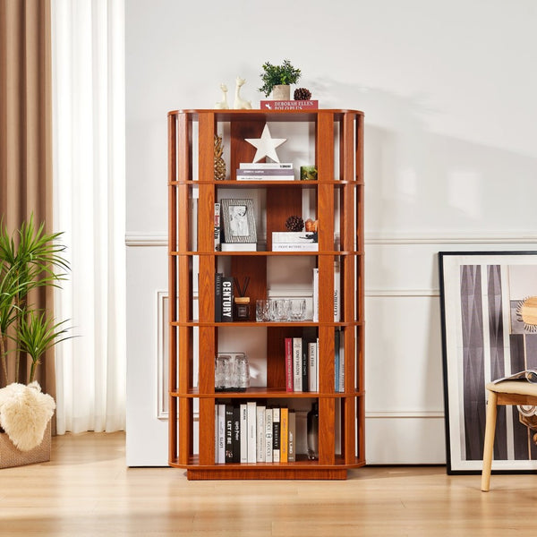 English Elm Wooden Oval Grid Bookcase 5-tier Freestanding Sculptural Shelving Unit for Home Office Dark Oak W2899P479674