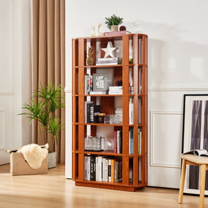 English Elm Wooden Oval Grid Bookcase 5-tier Freestanding Sculptural Shelving Unit for Home Office Dark Oak W2899P479674
