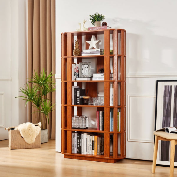 English Elm Wooden Oval Grid Bookcase 5-tier Freestanding Sculptural Shelving Unit for Home Office Dark Oak W2899P479674