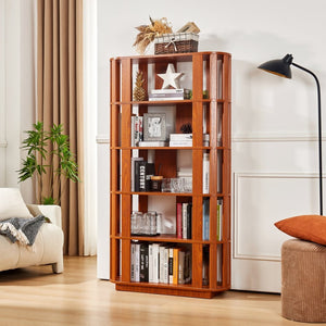 English Elm Wooden Oval Grid Bookcase 5-tier Freestanding Sculptural Shelving Unit for Home Office Dark Oak W2899P479674