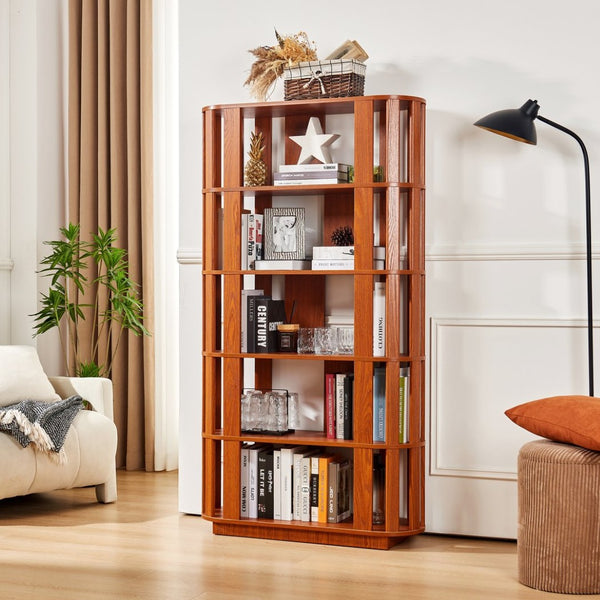 English Elm Wooden Oval Grid Bookcase 5-tier Freestanding Sculptural Shelving Unit for Home Office Dark Oak W2899P479674