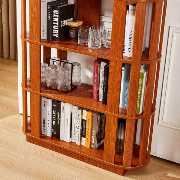 English Elm Wooden Oval Grid Bookcase 5-tier Freestanding Sculptural Shelving Unit for Home Office Dark Oak W2899P479674