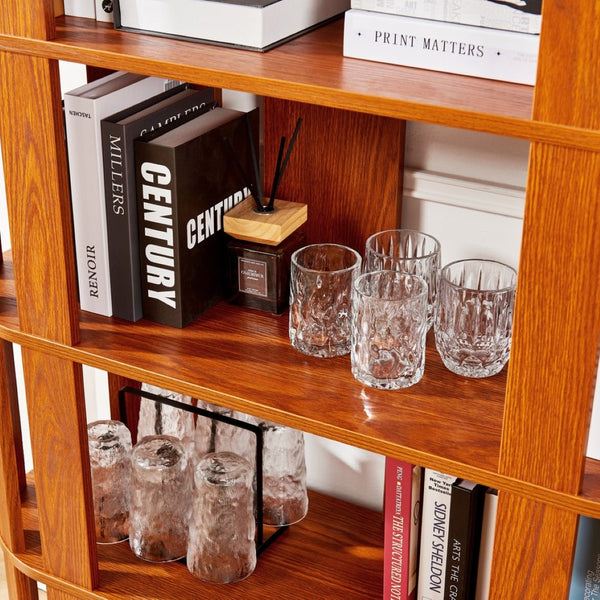 English Elm Wooden Oval Grid Bookcase 5-tier Freestanding Sculptural Shelving Unit for Home Office Dark Oak W2899P479674
