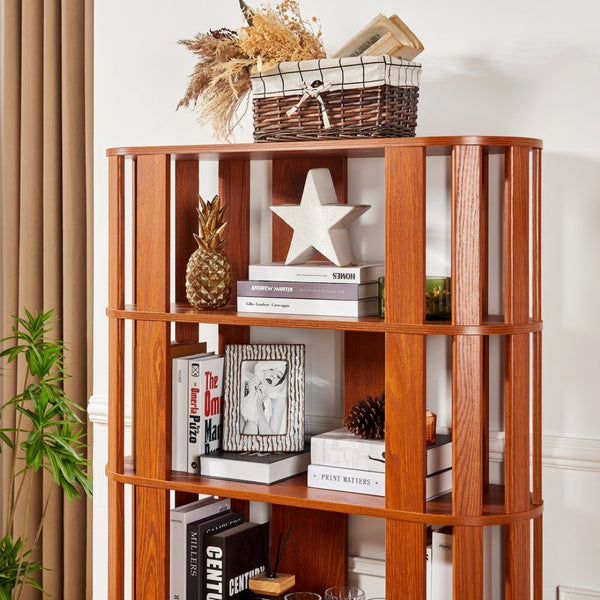 English Elm Wooden Oval Grid Bookcase 5-tier Freestanding Sculptural Shelving Unit for Home Office Dark Oak W2899P479674