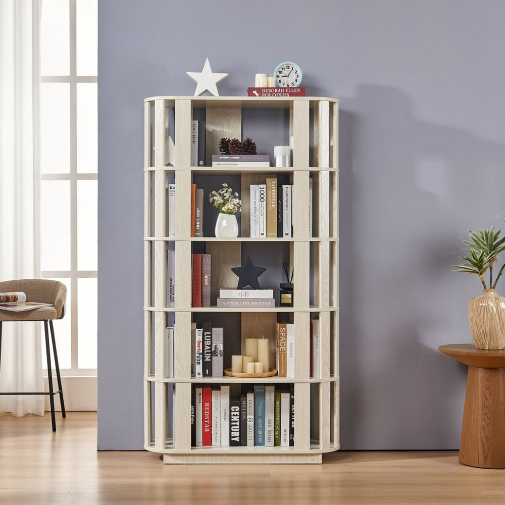 English Elm Wooden Oval Grid Bookcase 5-tier Freestanding Sculptural Shelving Unit for Home Office White W2899P479675