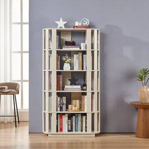 English Elm Wooden Oval Grid Bookcase 5-tier Freestanding Sculptural Shelving Unit for Home Office White W2899P479675