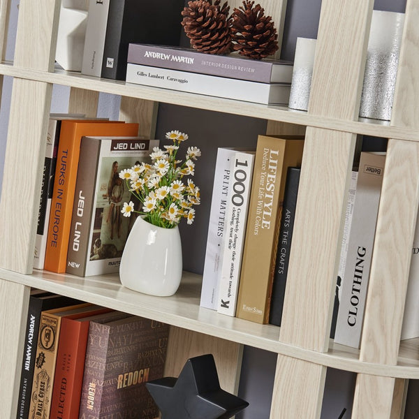 English Elm Wooden Oval Grid Bookcase 5-tier Freestanding Sculptural Shelving Unit for Home Office White W2899P479675