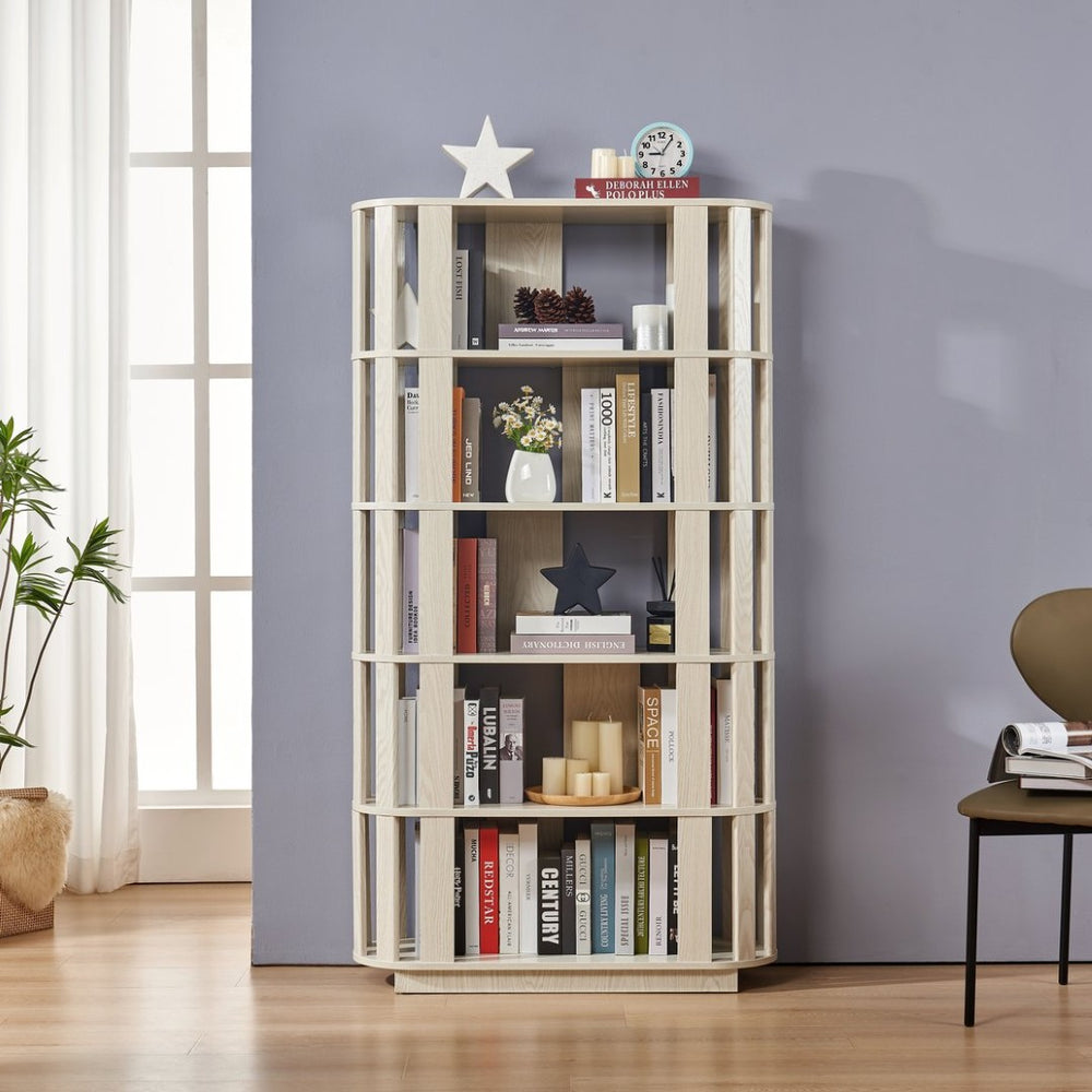 English Elm Wooden Oval Grid Bookcase 5-tier Freestanding Sculptural Shelving Unit for Home Office White W2899P479675