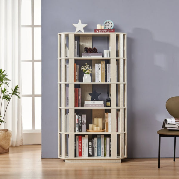 English Elm Wooden Oval Grid Bookcase 5-tier Freestanding Sculptural Shelving Unit for Home Office White W2899P479675