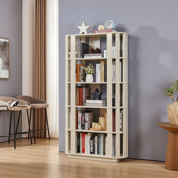 English Elm Wooden Oval Grid Bookcase 5-tier Freestanding Sculptural Shelving Unit for Home Office White W2899P479675