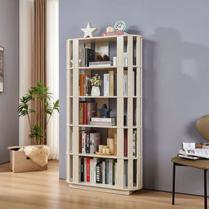 English Elm Wooden Oval Grid Bookcase 5-tier Freestanding Sculptural Shelving Unit for Home Office White W2899P479675