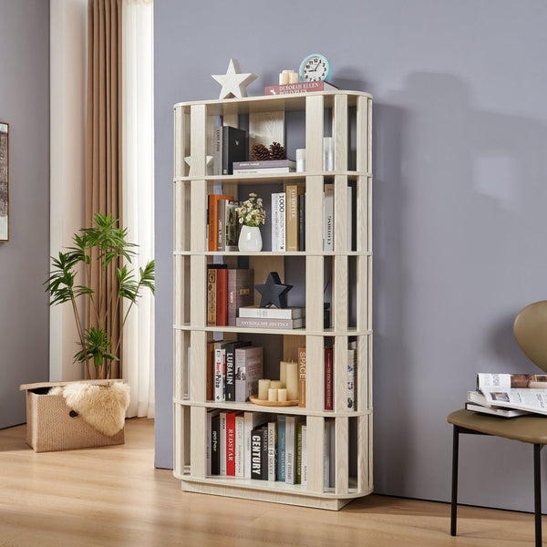 English Elm Wooden Oval Grid Bookcase 5-tier Freestanding Sculptural Shelving Unit for Home Office White W2899P479675