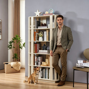 English Elm Wooden Oval Grid Bookcase 5-tier Freestanding Sculptural Shelving Unit for Home Office White W2899P479675