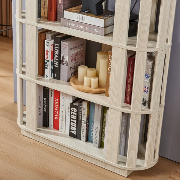 English Elm Wooden Oval Grid Bookcase 5-tier Freestanding Sculptural Shelving Unit for Home Office White W2899P479675
