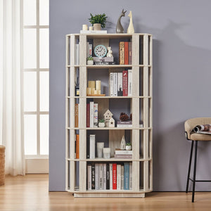 English Elm Wooden Oval Grid Bookcase 5-tier Freestanding Sculptural Shelving Unit for Home Office Light Gray W2899P479676