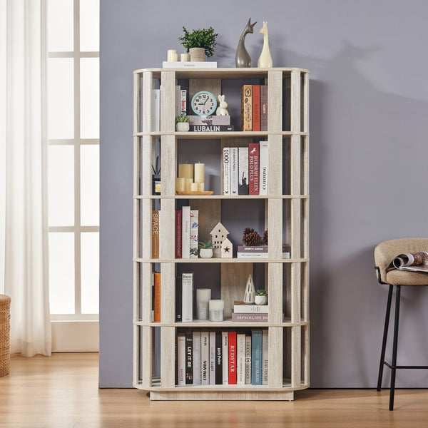 English Elm Wooden Oval Grid Bookcase 5-tier Freestanding Sculptural Shelving Unit for Home Office Light Gray W2899P479676