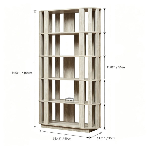 English Elm Wooden Oval Grid Bookcase 5-tier Freestanding Sculptural Shelving Unit for Home Office Light Gray W2899P479676