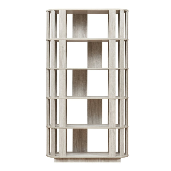 English Elm Wooden Oval Grid Bookcase 5-tier Freestanding Sculptural Shelving Unit for Home Office Light Gray W2899P479676