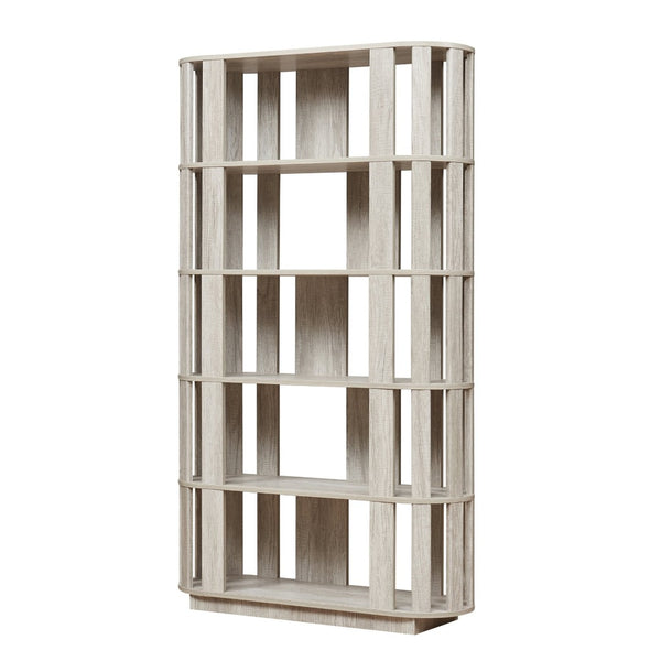 English Elm Wooden Oval Grid Bookcase 5-tier Freestanding Sculptural Shelving Unit for Home Office Light Gray W2899P479676
