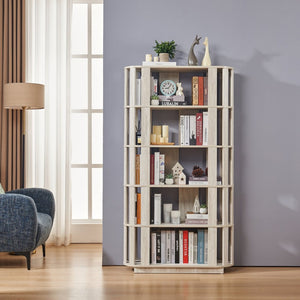 English Elm Wooden Oval Grid Bookcase 5-tier Freestanding Sculptural Shelving Unit for Home Office Light Gray W2899P479676