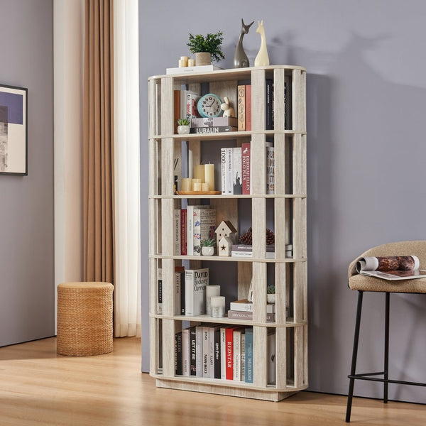English Elm Wooden Oval Grid Bookcase 5-tier Freestanding Sculptural Shelving Unit for Home Office Light Gray W2899P479676