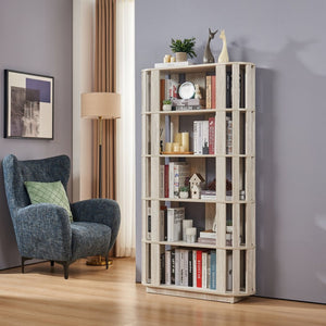 English Elm Wooden Oval Grid Bookcase 5-tier Freestanding Sculptural Shelving Unit for Home Office Light Gray W2899P479676