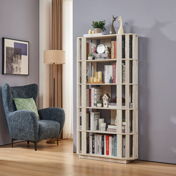 English Elm Wooden Oval Grid Bookcase 5-tier Freestanding Sculptural Shelving Unit for Home Office Light Gray W2899P479676