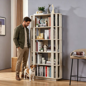 English Elm Wooden Oval Grid Bookcase 5-tier Freestanding Sculptural Shelving Unit for Home Office Light Gray W2899P479676