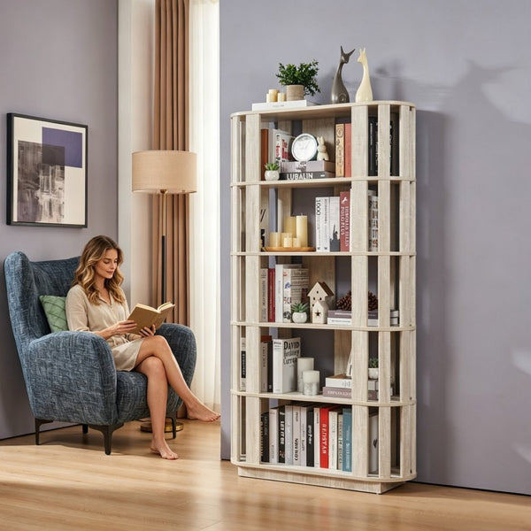 English Elm Wooden Oval Grid Bookcase 5-tier Freestanding Sculptural Shelving Unit for Home Office Light Gray W2899P479676