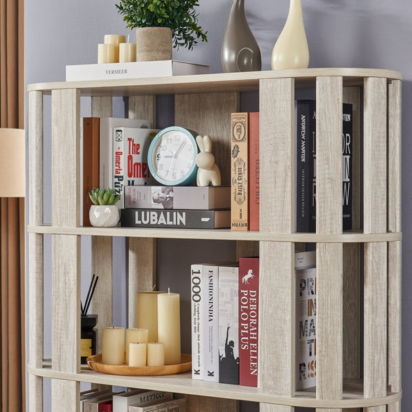 English Elm Wooden Oval Grid Bookcase 5-tier Freestanding Sculptural Shelving Unit for Home Office Light Gray W2899P479676