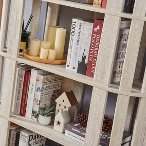 English Elm Wooden Oval Grid Bookcase 5-tier Freestanding Sculptural Shelving Unit for Home Office Light Gray W2899P479676