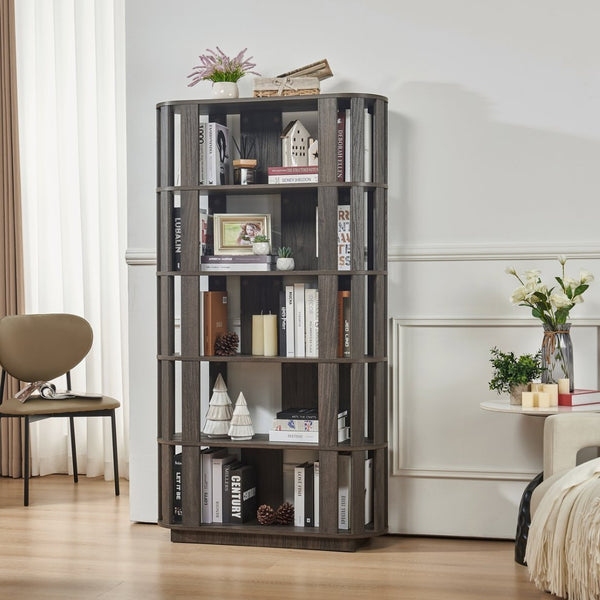 English Elm Wooden Oval Grid Bookcase 5-tier Freestanding Sculptural Shelving Unit for Home Office Dark Brown W2899P479691