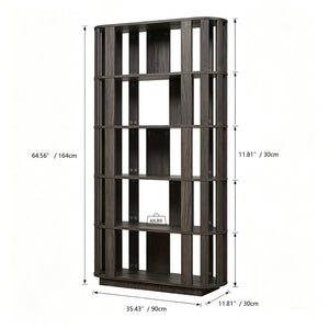 English Elm Wooden Oval Grid Bookcase 5-tier Freestanding Sculptural Shelving Unit for Home Office Dark Brown W2899P479691