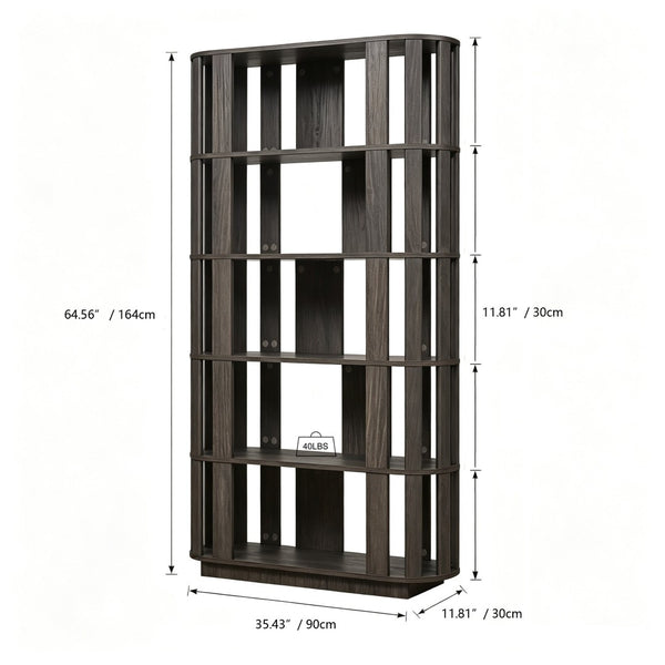 English Elm Wooden Oval Grid Bookcase 5-tier Freestanding Sculptural Shelving Unit for Home Office Dark Brown W2899P479691