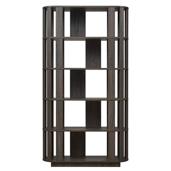 English Elm Wooden Oval Grid Bookcase 5-tier Freestanding Sculptural Shelving Unit for Home Office Dark Brown W2899P479691
