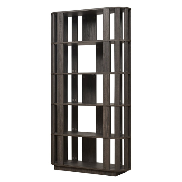 English Elm Wooden Oval Grid Bookcase 5-tier Freestanding Sculptural Shelving Unit for Home Office Dark Brown W2899P479691